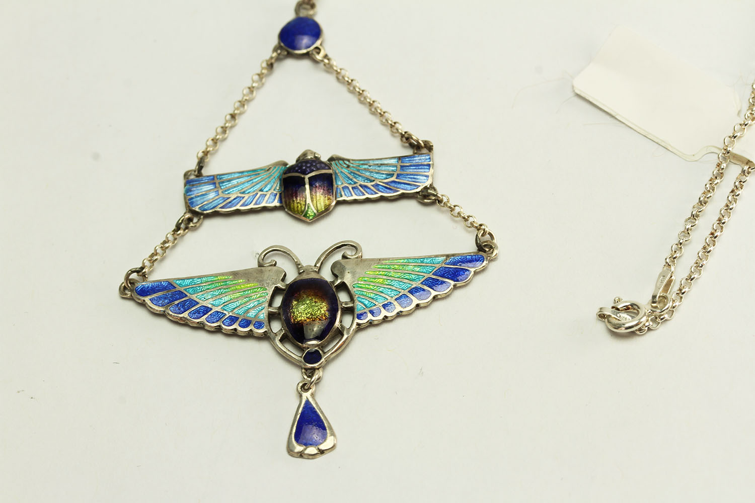 Silver and Blue Enamel Necklace, 2 hanging insects with blue and green enamel detail, chain - Image 2 of 2