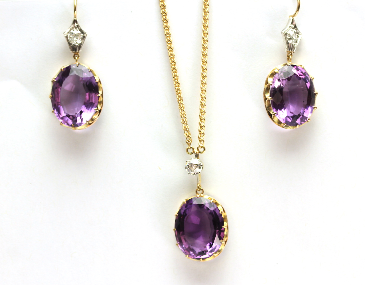 Early 20th Century Amethyst and Old Cut Diamond Pendant and Earring Set, approximately 16x12mm