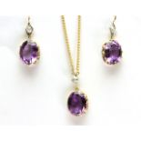Early 20th Century Amethyst and Old Cut Diamond Pendant and Earring Set, approximately 16x12mm