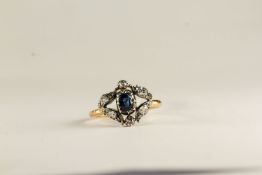 Victorian Sapphire and Diamond Ring, central sapphire set with old and rose cut diamonds, engraved