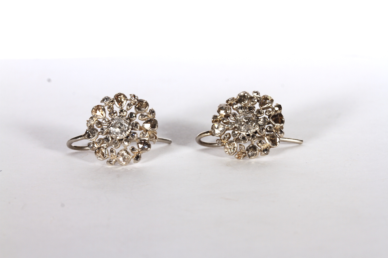 Georgian Diamond earrings, circular panels with a central old cut diamond, pear shaped rose cut