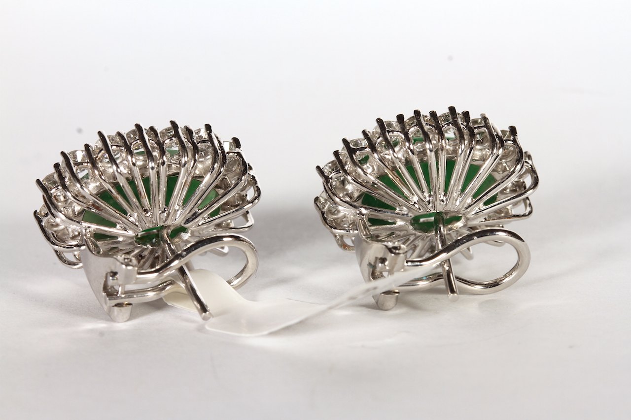 Pair of Jade and Diamond earrings, oval carved jade panels, surrounded by brilliant cut diamonds,, - Image 2 of 2