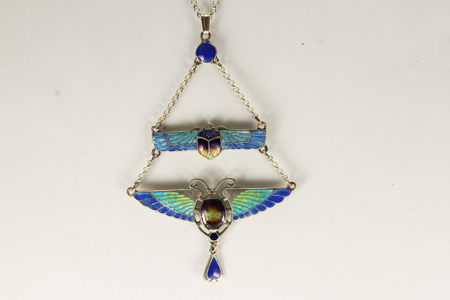 Silver and Blue Enamel Necklace, 2 hanging insects with blue and green enamel detail, chain