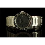 GENTLEMANS BVLGARI BB38SS,round, black dial with silver hands, arabic and baton markers.named