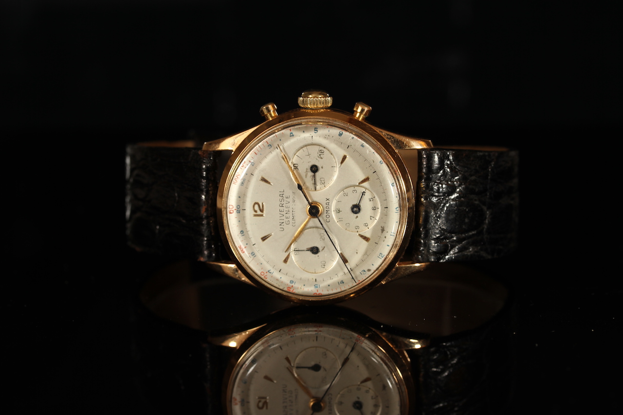 GENTLEMENS UNIVERSAL GENEVE CLIMATEPROOF COMPAX F.A.B. BRAZILLIAN AIR FORCE 18CT GOLD CHRONOGRAPH