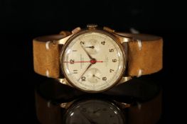 Vintage 18ct Chronographe Suisse, circular off white dial, twin register chronograph, red centre