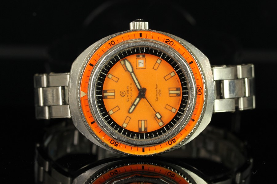 RARE GENTLEMENS CYMA DIVING STAR 1500 AUTOMATIC WRISTWATCH, circular orange dial with eraser hour - Image 2 of 6