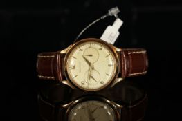 GENTLEMENS JAEGER LECOULTRE FUTUREMATIC 9CT GOLD WRISTWATCH W/ BOX, circular twin register patina