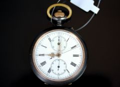 Longines Chronograph Pocket Watch, white circular dial, Roman numerals, outer seconds track, a