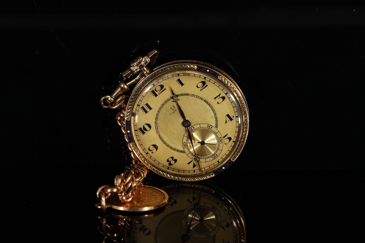 VINTAGE 14K OMEGA OPEN FACED POCKET WATCH, MOVEMENT NUMBER 5814508, WITH GOLD COIN SET KEY CHAIN,