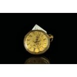 18CT OPEN FACED POCKET WATCH , tested 18ct, round, floral gold dial with black hands, black roman