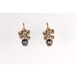 Pair of Natural Salt Water Dark Pearl and Diamond earrings, approximately 8mm Dark Pearls, Orient