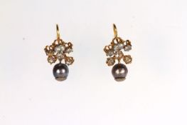 Pair of Natural Salt Water Dark Pearl and Diamond earrings, approximately 8mm Dark Pearls, Orient