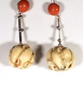 Early 20th Century converted Netsuke Earrings, a matching pair of 17mm round carved ivory mice