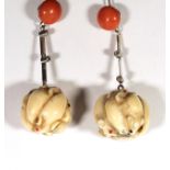 Early 20th Century converted Netsuke Earrings, a matching pair of 17mm round carved ivory mice