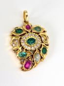 21K EMERALD, DIAMOND,RUBY AND SAPPHIRE PENDANT, brilliant cut diamonds estimated as 0.30ct total,