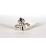 Art Deco Diamond and Sapphire Panel Ring, central transitional cut diamond estimated weight 0.