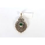 Emerald and Diamond Pendant, central cabochon emerald set within a pear drop shaped diamond set