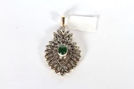 Emerald and Diamond Pendant, central cabochon emerald set within a pear drop shaped diamond set