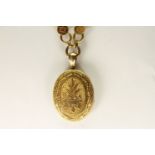 Victorian Gold Locket and Chain, 45x35mm oval locket, floral engraved detail, fancy link period