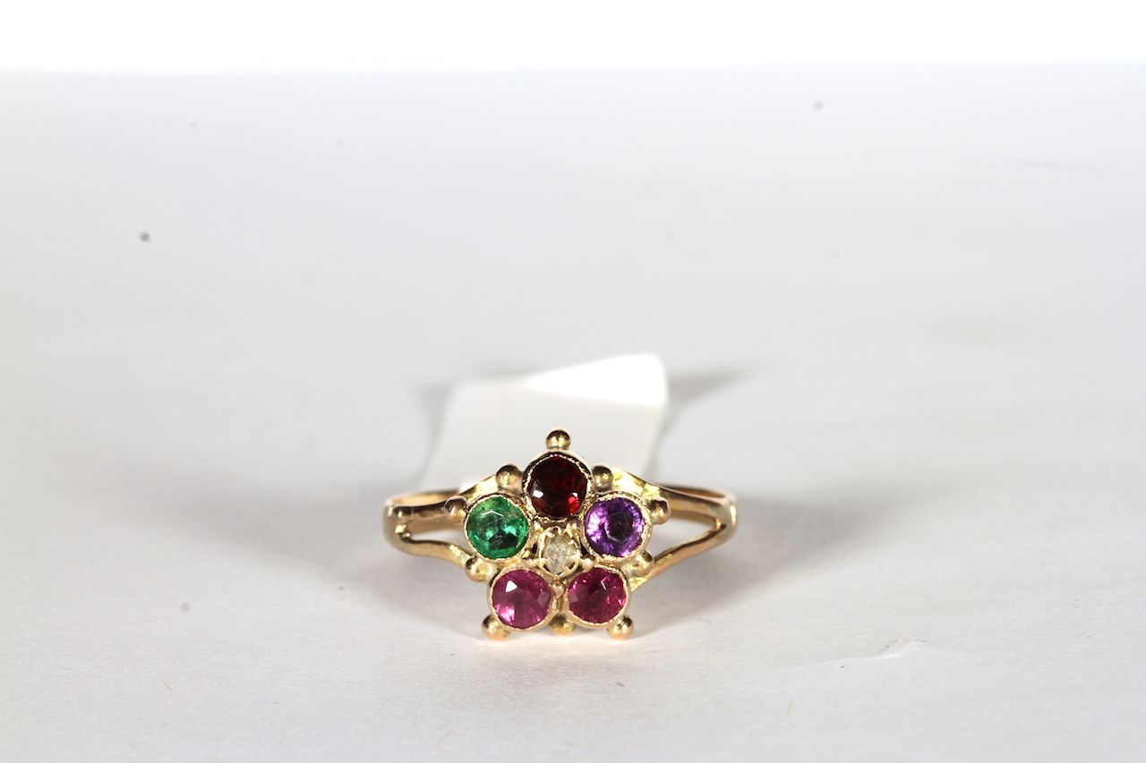 Victorian Regard Cluster Ring, round cut Ruby, Emerald, Garnet, Amethyst, Ruby and central rose
