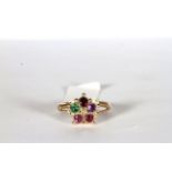 Victorian Regard Cluster Ring, round cut Ruby, Emerald, Garnet, Amethyst, Ruby and central rose