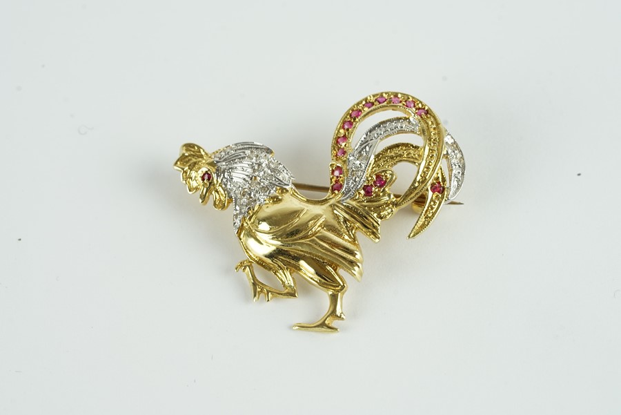18CT DIAMOND AND RUBY COCKEREL BROOCH, dimensions estimated as 36x30mms , total weight 8.2gms, not - Image 2 of 2