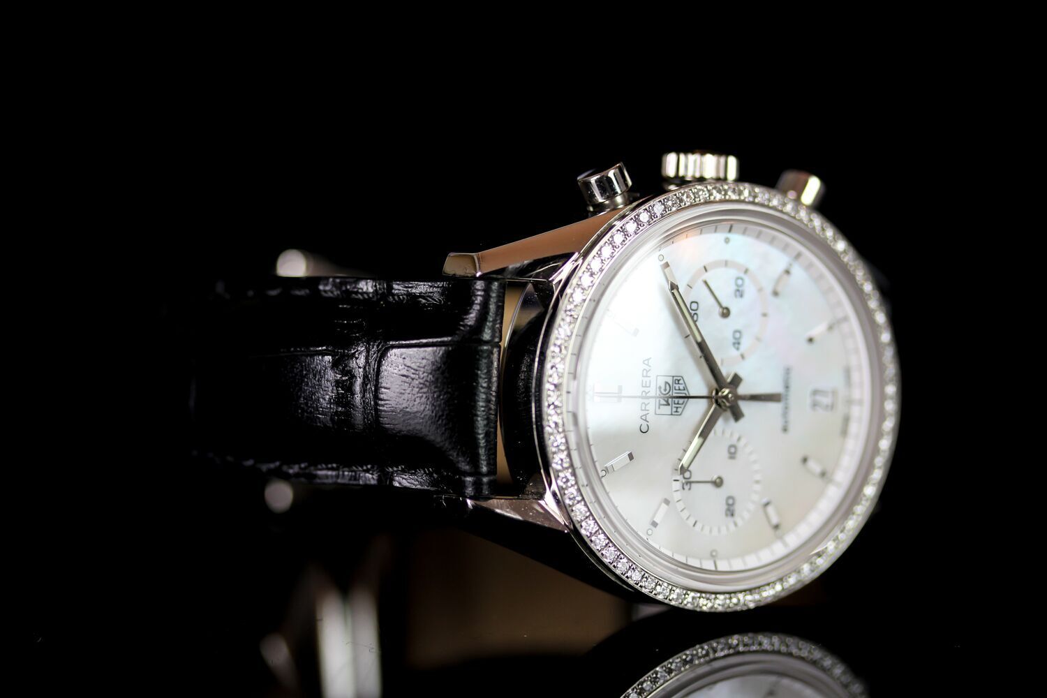 LADIES TAG HEUER DIAMOND BEZEL CARRERA WRISTWATCH, circular mother of pearl dial with hour - Image 2 of 3