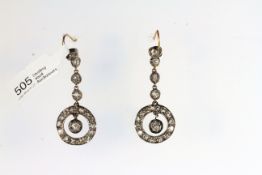 Victorian Old Cut Diamond Drop Earrings, Circular Diamond set drops with a small suspended old cut