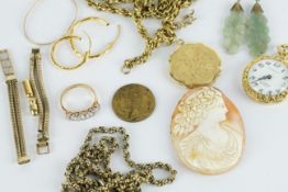 MIXED BAG OF ITEMS INCLUDING .a loose cameo, duke of wellington coin,2 x yellow metal chains,9ct 5