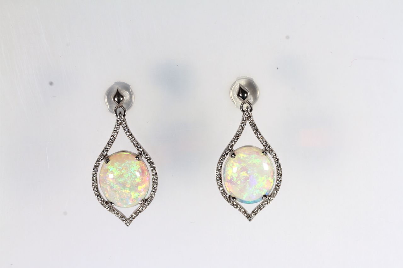 PLATINUM OPAL AND DIAMOND DROP EARRINGS,opals estimated as 6.50ct total, diamonds estimated as 0.