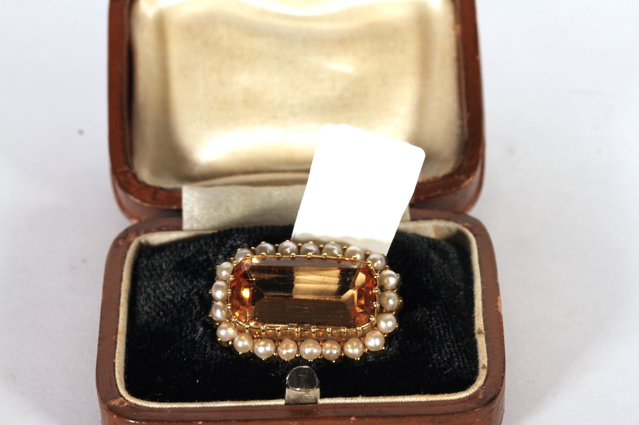 Victorian Imperial Topaz and Pearl Brooch, central rectangular Imperial topaz, approximately 6.83ct, - Image 3 of 3