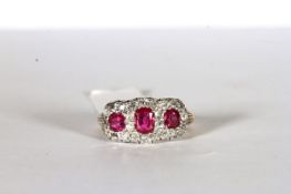 Ruby and Diamond Cluster Ring, set with 3 rubies, surrounded by diamonds, finger size M 1/2.