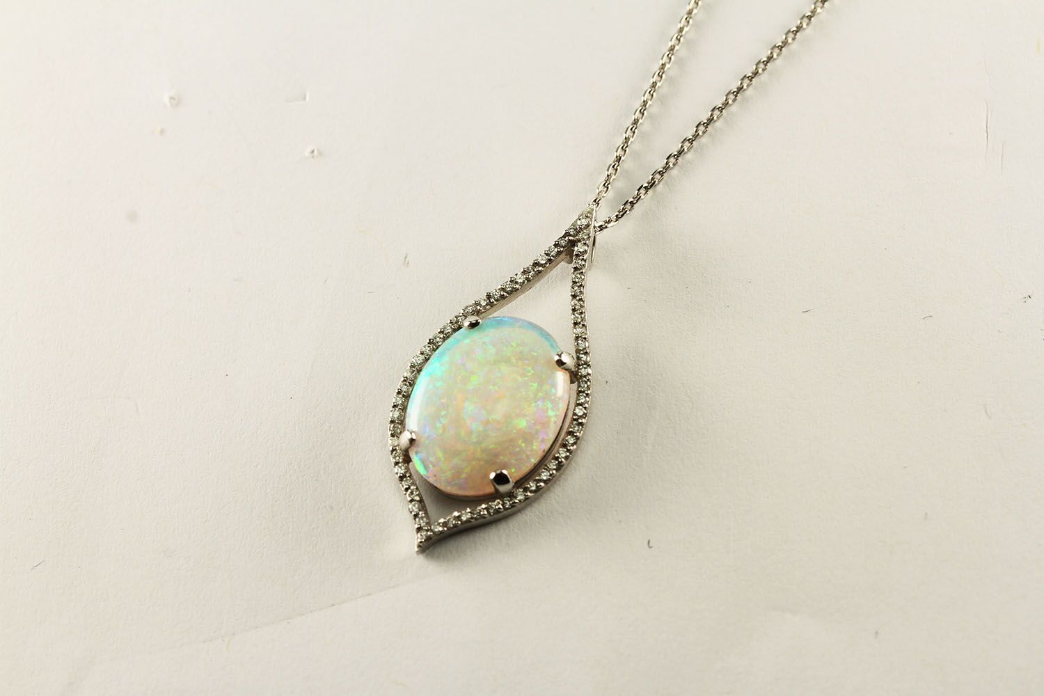 PLATINUM OPAL AND DIAMOND PENDANT , CENTRE STONE ESTIMATED AS 3.47CT,set in four claws, diamonds - Image 3 of 3