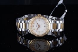 LADIES BAUME & MERCIER DIAMOND SET RIVIERA DRESS WATCH, diamond bezel, round, creme sial with gold