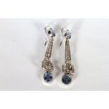 Art Deco Ceylon Sapphire and Diamond drop earrings, a pair of oval cut sapphires to each earring,