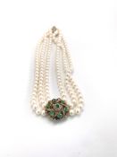 Triple Row Pearl Choker, Emerald and Old cut diamond set clasp