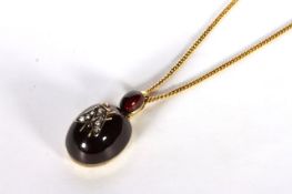 Victorian Garnet and Diamond Fly Pendant, set with cabochon cut garnets and rose cut diamonds, chain