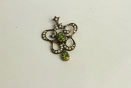 Peridot, Diamond and Seed Pearl Pendant, ornate scroll design