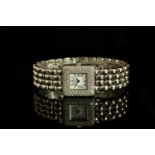 LADIES 18K WHITE GOLD HAPPY SPORT CLASSIC SQUARE DIAMOND BEZEL WATCH,507010,square, white dial