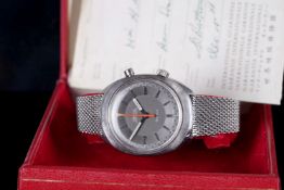 GENTLEMENS OMEGA CHRONOSTOP GENEVE WRISTWATCH W/ BOX & PAPERS, circular grey 'deep dish' dial with