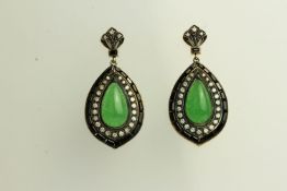 Pair of Jade, Onyx and Diamond Drop Earrings,