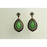 Pair of Jade, Onyx and Diamond Drop Earrings,