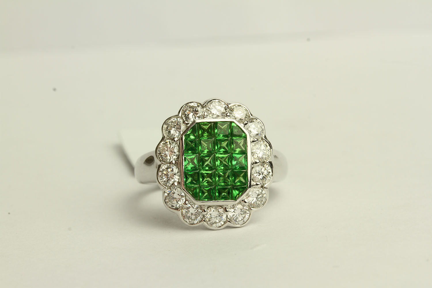 Tsavorite Rare Green Garnet and Diamond Checkerboard Style Ring, set with garnets totalling