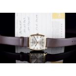 GENTLEMENS OMEGA AUTOMATIC GENEVE DATE WRISTWATCH W/ PAPERS REF. 162.0042, square silver dial with