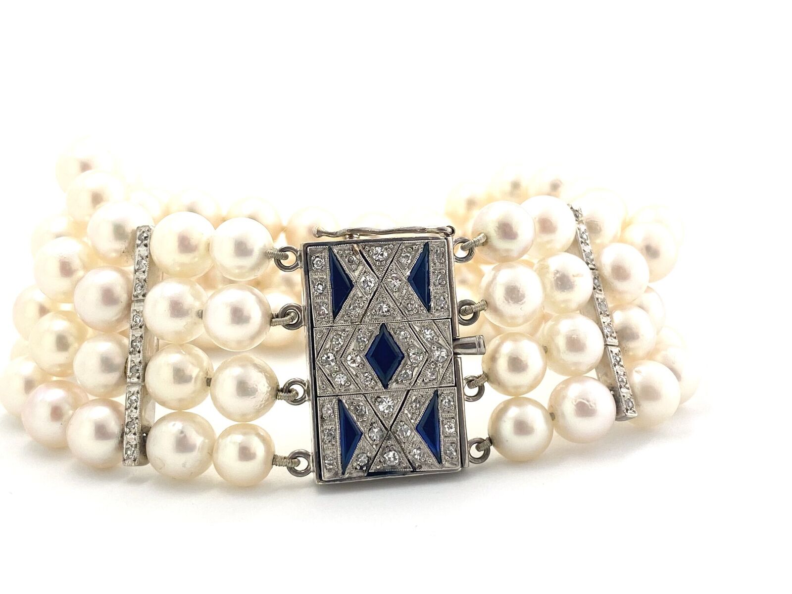 Akoya Pearl Art Deco Bracelet, Sapphire and diamond rectangular feature clasp - Image 2 of 2