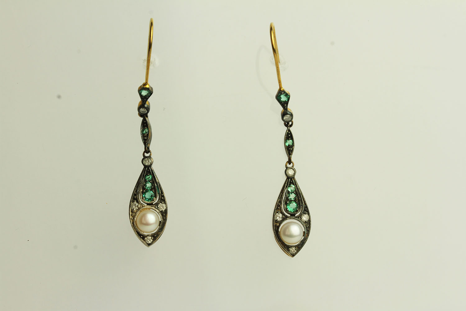 Pair of Emerald, Diamond and Pearl Drop Earrings