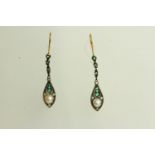 Pair of Emerald, Diamond and Pearl Drop Earrings