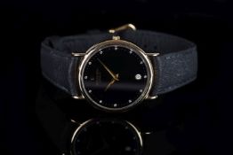 GENTLEMENS RAYMOND WEIL DATE WRISTWATCH, circular black diamond dot dial with a date window and