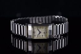 GENTLEMENS LONGINES WRISTWATCH, rectangular patina dial with black Arabic numerals and gun metal